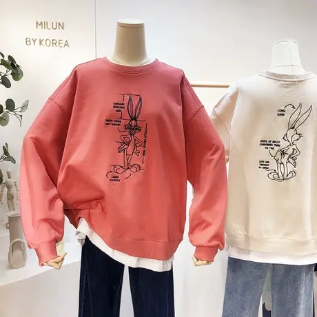 2021春装新款韩国东大门刺绣兔子假两件套装卫衣女毛圈棉大码宽松商品大图