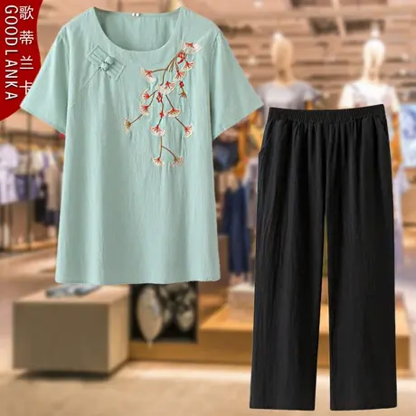 中老年女装夏季棉麻短袖两件套加大码妈妈装刺绣盘扣上衣休闲套装商品大图