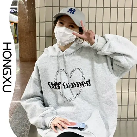 红续2023年冬季新款港式复古印花卫衣小众设计感连帽上衣加厚长袖图片