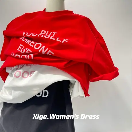 红色字母印花短袖T恤女早春磨毛宽松休闲中长款圆领半袖内搭体恤商品大图