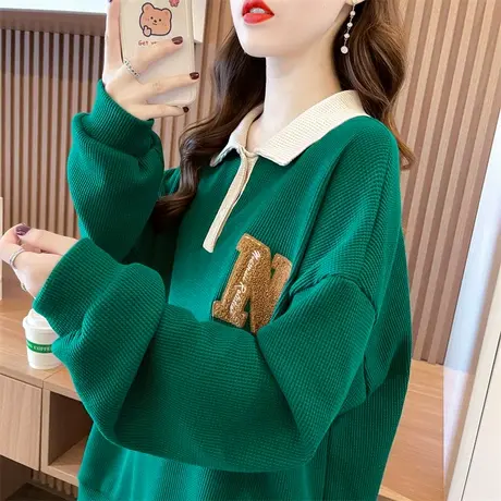 华夫格卫衣女春秋韩版宽松大码设计感小众薄款翻领polo衫上衣外套商品大图