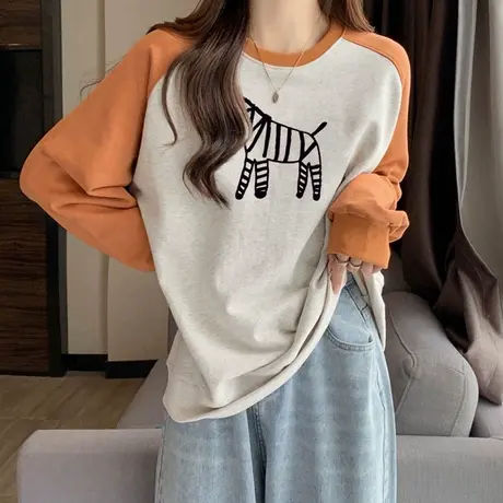 vintage插肩袖卫衣女加绒加厚秋冬装宽松百搭学生圆领撞色上衣潮商品大图