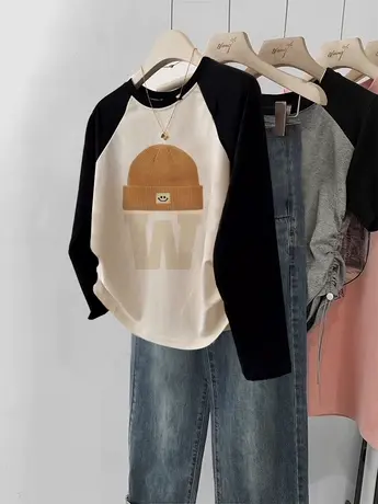 美式学院风长袖T恤女2023秋季新款辣妹穿搭ins潮牌薄款打底衫上衣商品大图