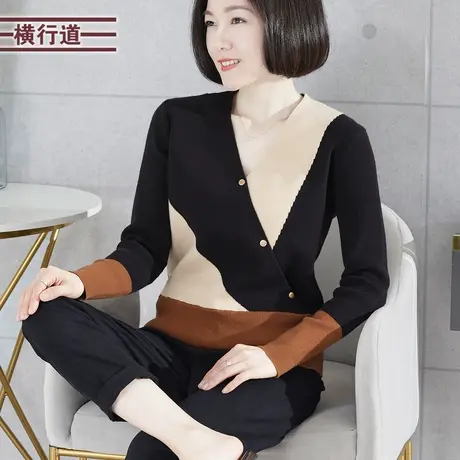 V领拼色宽松针织长袖毛衣2024年新款简约撞色拼接大码妈妈装女衣图片