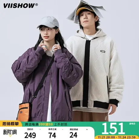 VIISHOW秋冬季新品棉衣男两面穿日系复古刺绣拼色潮牌宽松外套商品大图