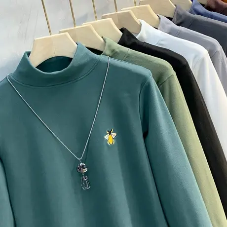 半高领长袖T恤男春秋季针织衫刺绣中领打底衫2023新款秋冬保暖潮商品大图