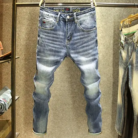 蓝色裤子男牛仔裤修身小直筒弹力长裤秋冬款水洗耐磨韩版百搭裤子图片