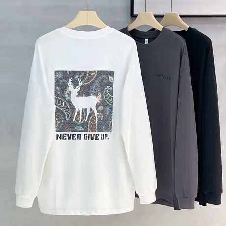 长袖T恤男2023春秋新款美式小鹿印花卫衣白色宽松纯棉百搭打底衫图片