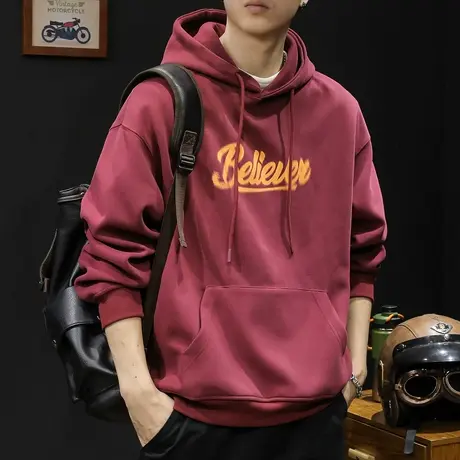 重磅酒红色卫衣男连帽秋季2023新款外套秋冬男款衣服春秋长袖宽松商品大图