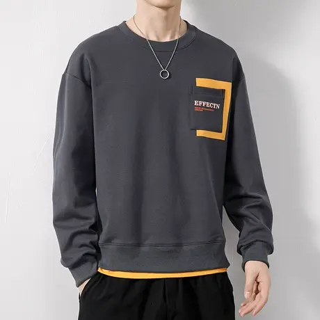 春天痞帅假两件中性风圆领卫衣春秋款高街重磅长袖上衣服春季衣服商品大图