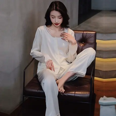 睡衣女春秋款2023新款夏季冰丝性感长袖薄款纯色高级感家居服套装商品大图