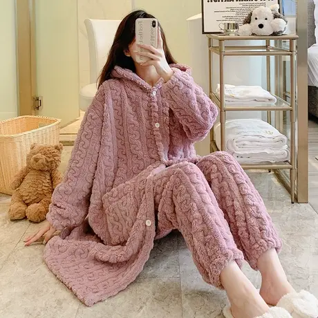 睡袍女冬季套装长款2023新款珊瑚绒加绒加厚女士睡衣秋冬款法兰绒图片