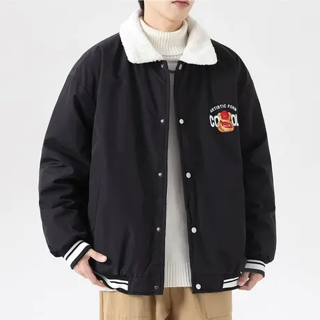 男外套秋冬款加绒加厚翻领夹克男潮牌青少年休闲宽松保暖运动棉服图片