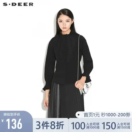 sdeer圣迪奥女装春秋装复古立领绣花压褶黑色长袖衬衫S21360518图片