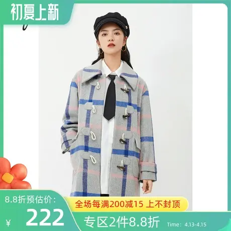 伊芙丽2020款格纹显瘦牛角扣中长款毛呢外套学院风大衣1B9973341商品大图