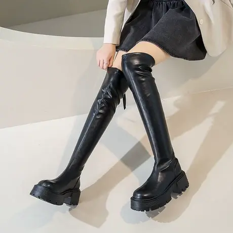 过膝靴子女长筒靴2023新款秋冬季加绒爆款高筒骑士靴黑色厚底长靴图片