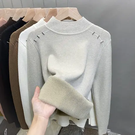 一体绒半高领毛衣女加绒加厚打底衫2023秋冬新款针织衫内搭上衣潮商品大图