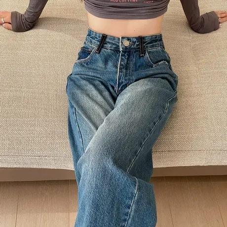 窄版高腰阔腿牛仔裤女2024春秋季新款设计感撞色显瘦拖地直筒裤子图片