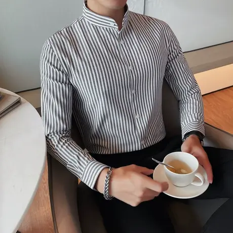 春秋季高级感小立领条纹衬衫男长袖商务休闲衬衣修身薄款痞帅寸衫商品大图