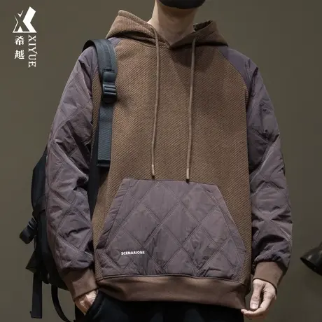 希越菱形格拼接连帽卫衣男冬季保暖加绒加厚宽松大码男士棉服外套商品大图