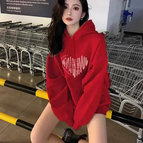 韩系慵懒风连帽印花外套卫衣oversize女秋冬加绒加厚2024新款潮图片