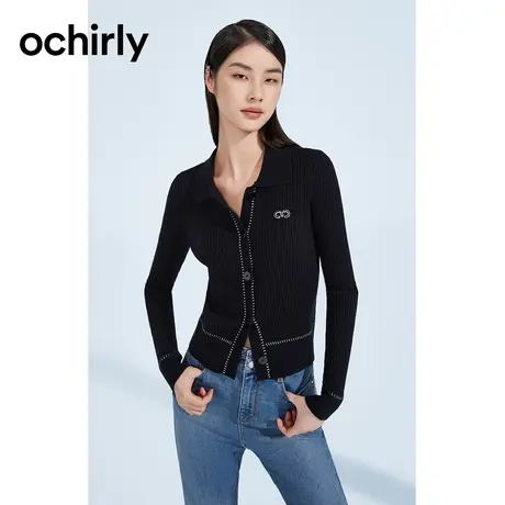 ochirly欧时力 Polo领针织外套女2023新款秋装毛衣修身美式复古商品大图