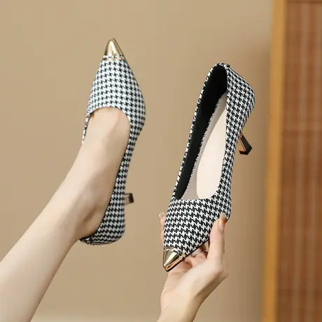 法式单鞋女2024春秋新款尖头拼色小香风千鸟格高跟鞋细跟气质名媛商品大图