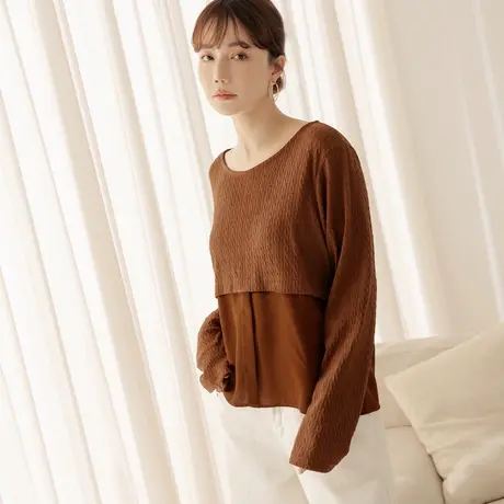 桔熊秋冬季设计感假两件套上衣女不易皱提花长袖小衫大码AB19153商品大图