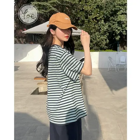 yoe2023夏装设计感上衣小个子显瘦蓝色条纹短袖t恤女复古休闲内搭商品大图