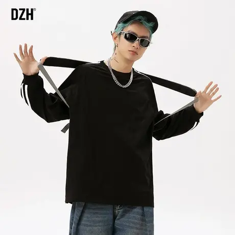 男生黑色圆领t恤男长袖纯棉春季2024年新款潮牌卫衣男款美式上衣商品大图