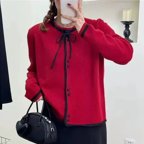 春装2024本命年红色毛衣女冬季2023新款蝴蝶结宽松针织开衫外套女图片