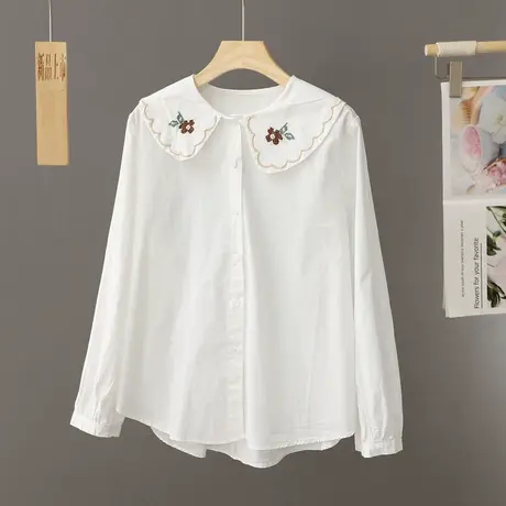 文艺小清新甜美刺绣花朵宽松全棉白色衬衫女长袖娃娃领衬衣打底衫图片