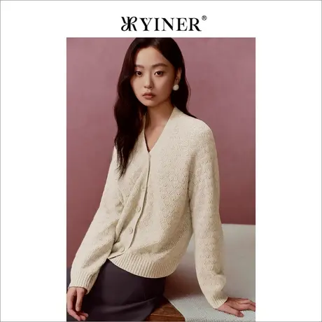 [裸感羊绒]YINER音儿女装冬季绵羊毛V领杏色针织开衫商品大图
