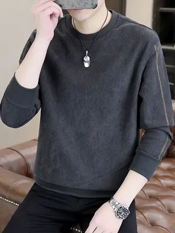 奥粒绒长袖卫衣男士春秋季潮流宽松圆领内搭打底衫加厚秋装上衣服商品大图