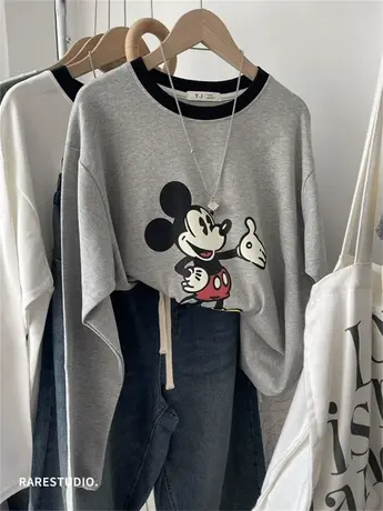 早春新款米奇印花减龄休闲纯色长袖棉T恤洋气宽松百搭休闲韩系女图片