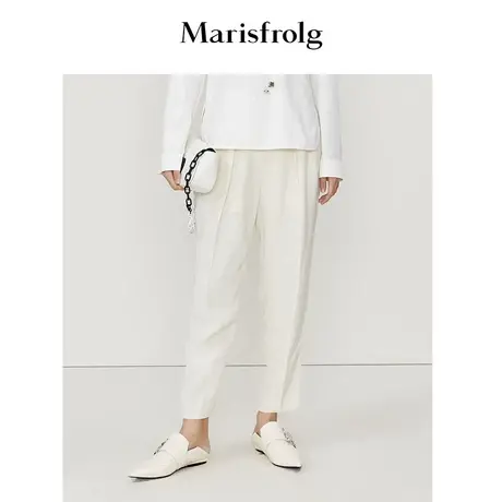 【亚麻】玛丝菲尔2022年春季新款米白色设计感萝卜裤型休闲裤商品大图