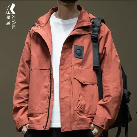 希越美式工装砖红色夹克男2024春季新款宽松大码男士户外连帽外套商品大图