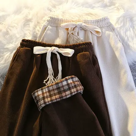 灯芯绒裤子女秋冬加绒加厚直筒宽松小众设计感复古格子垂感阔腿裤图片