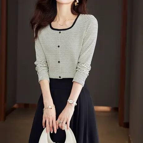 韩潮袭人小香风高级感方领条纹T恤百搭显瘦长袖套头上衣图片