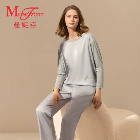 曼妮芬莫代尔圆领九分袖长裤家居套装仿真丝女睡衣起居服20310813图片