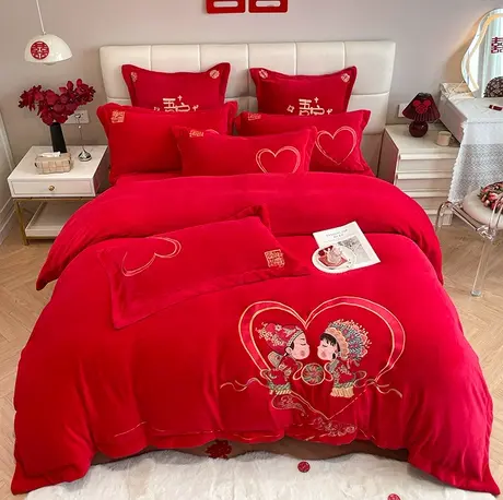 恒源祥冬季结婚四件套牛奶绒红色刺绣婚庆被套床单加厚保暖防静电图片