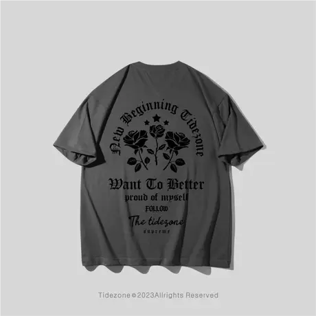 Ohlyah美式复古玫瑰字母印花纯棉短袖T恤男潮牌高街宽松情侣上衣商品大图