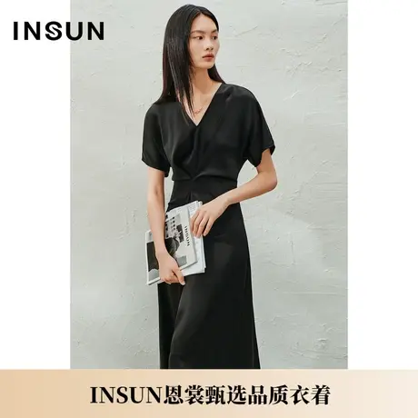 INSUN恩裳夏季褶皱三醋酸双面缎面连衣裙图片