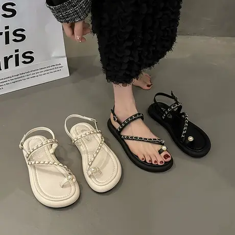 凉鞋女夏季百搭平底2024年新款网红爆款仙女风配裙子法式罗马凉鞋商品大图