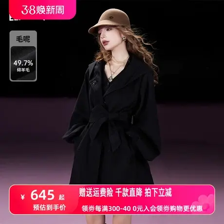 妖精的口袋黑色长款毛呢外套女2023冬季新款小个子宽松气质呢大衣图片