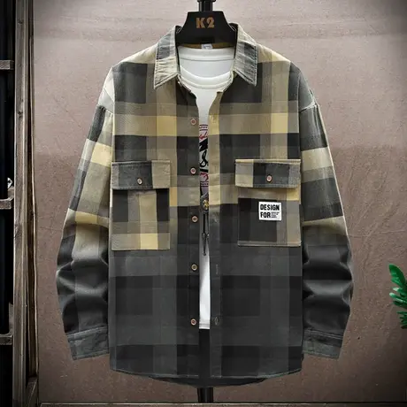 格子长袖衬衫男秋季新款渐变色纯棉上衣服青少年帅气工装衬衣外套商品大图