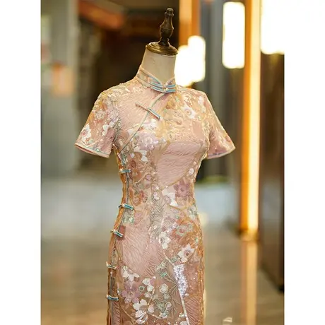 高端旗袍敬酒服新娘中式结婚订婚礼服回门便装重工连衣裙平时可穿商品大图