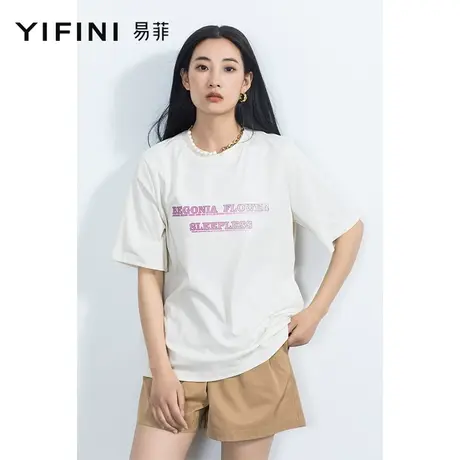 Yifini/易菲字母印花短袖圆领休闲T恤女2023夏季新款杏色宽松上衣商品大图