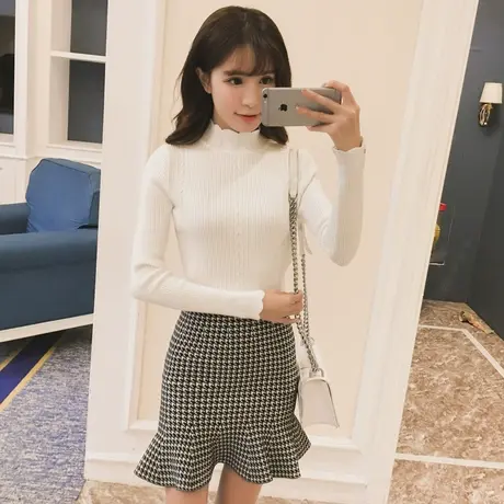 中领毛衣女半高领短款打底衫套头长袖针织衫秋冬韩版短款修身加厚商品大图