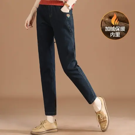 韩潮袭人松紧腰加绒牛仔裤女2023冬季新款宽松哈伦小脚长裤子加厚商品大图